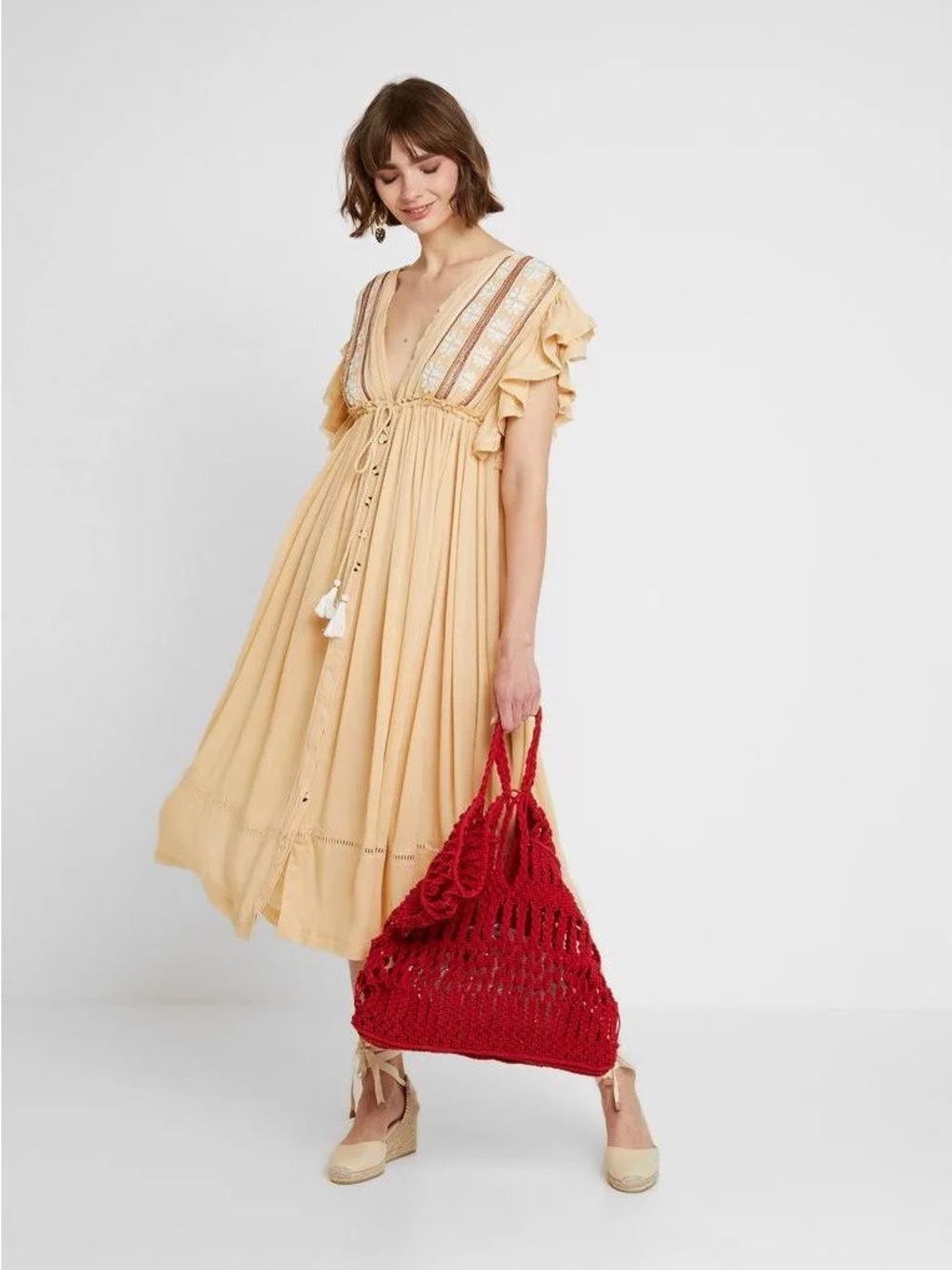 Free People Embroidered Boho Midi Dress Beige Button Front Ruffle Size XS